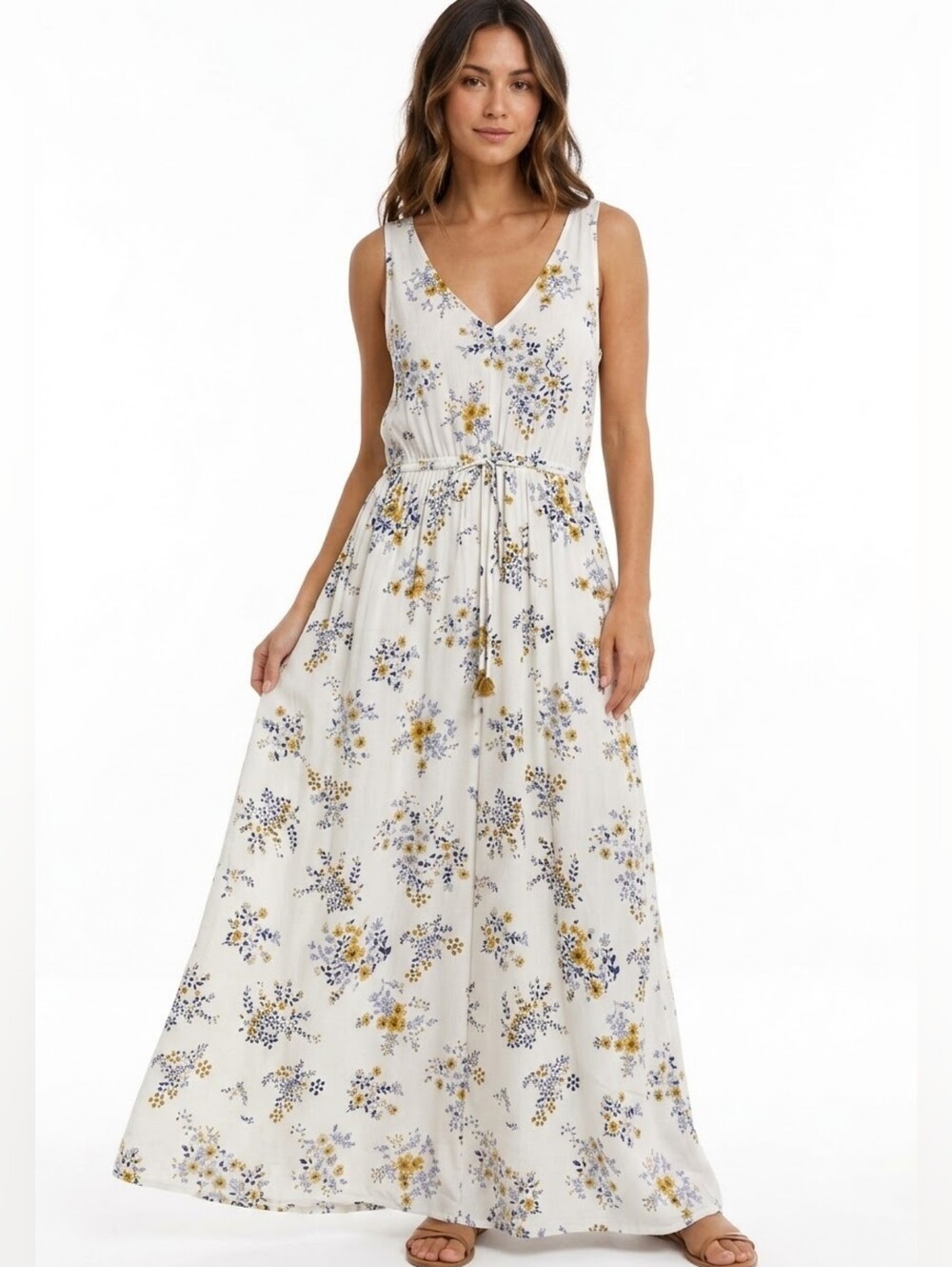 Lucky Brand Medium Maxi Dress White Blue Floral Sleeveless VNeck Lined Tie Waist